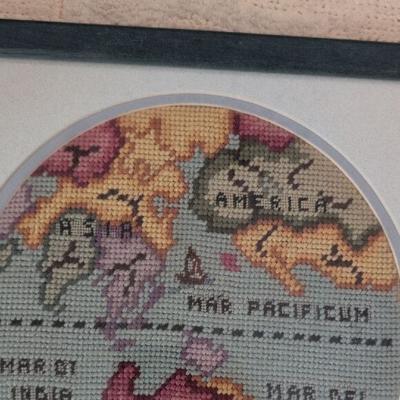 Vintage Framed Handmade Needlework Old World Map Embroidery Art Set of 2 - Picture 6 of 12